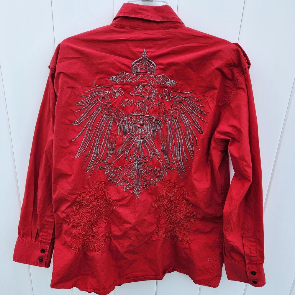Empra Embroidered Button Up Shirt Mens XL Red Y2K Goth Eagle - Picture 5 of 7